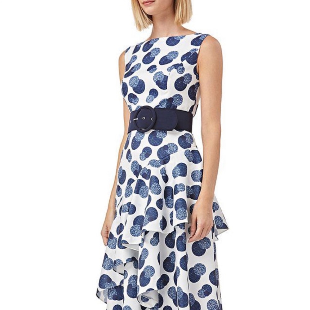 Kay Unger White Maxi Dress with Navy Polka Dot Print and Wide Navy Belt